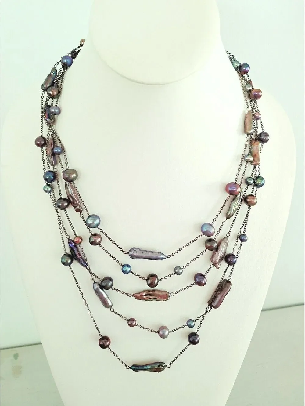 Vintage Gunmetal Multicolor Freshwater Baroque Pearl Multi Strand Necklace